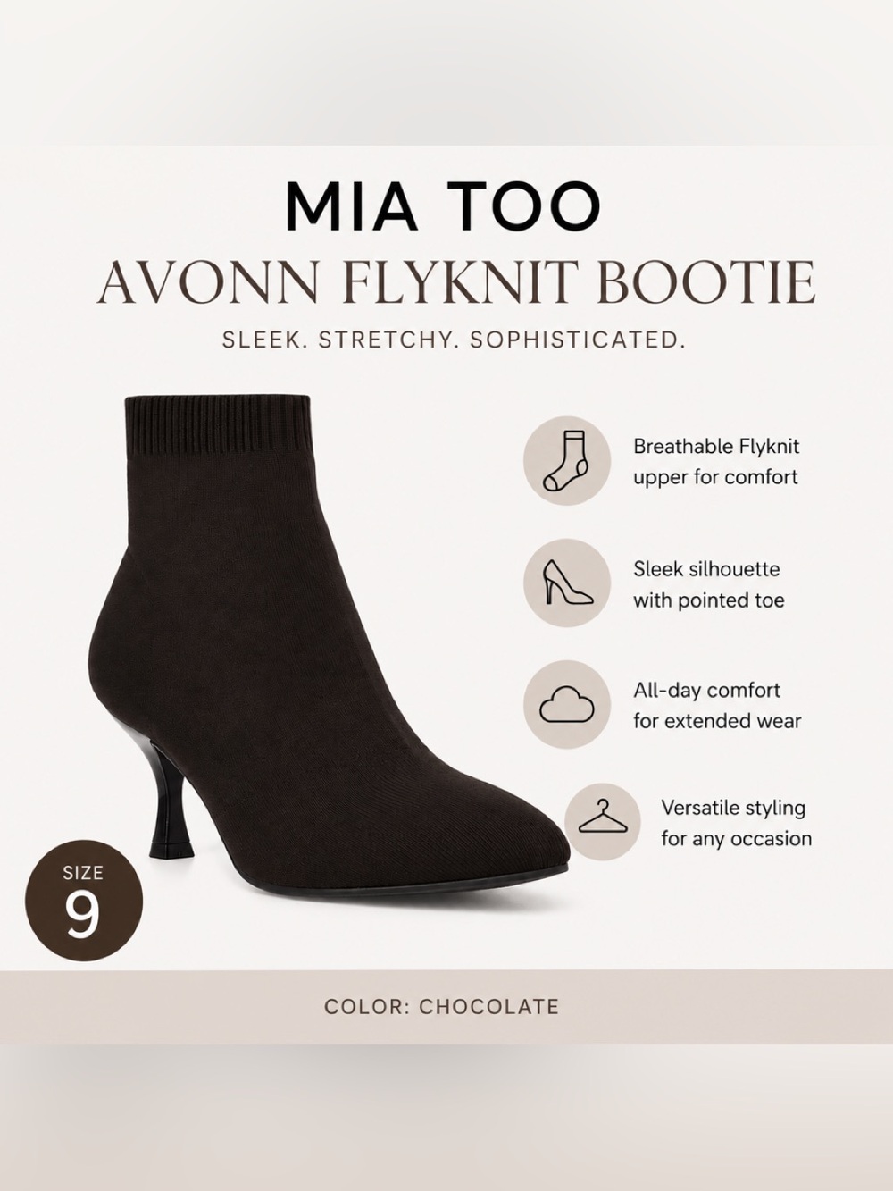 NWT MIA TOO Avonn Flyknit Booties Chocolate Brown Pointed Toe Heels Size 9
